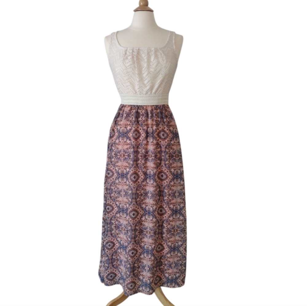 Liberty Love Women's Maxi Lace Ethnic Print Sleeveless Lined Casual Boho Dress S